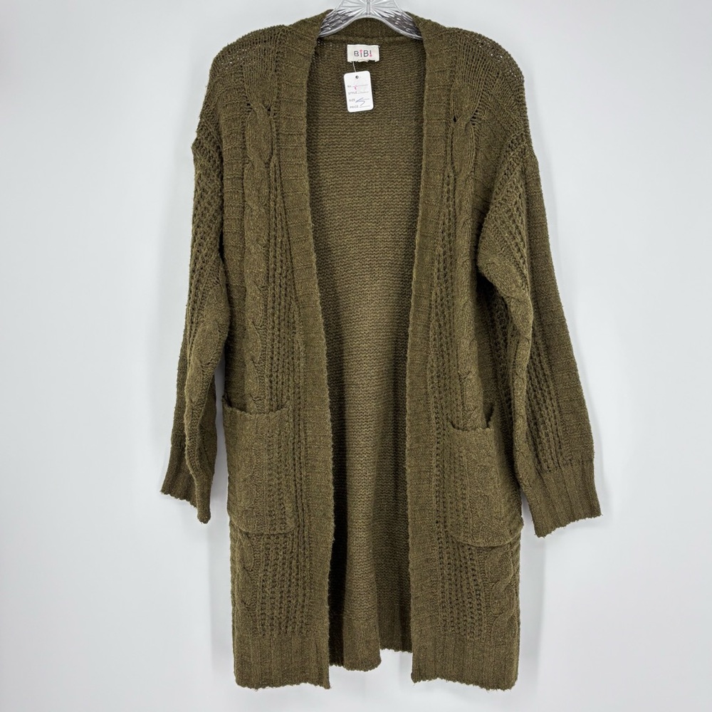 NWT Bibi Green Cardigan Size Small Winter Fall Knit Pockets Casual Open Front
